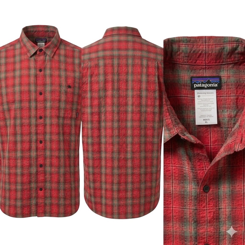 Patagonia Mens XL Red Grey Plaid Seersucker Short Sleeve Button Down Shirt